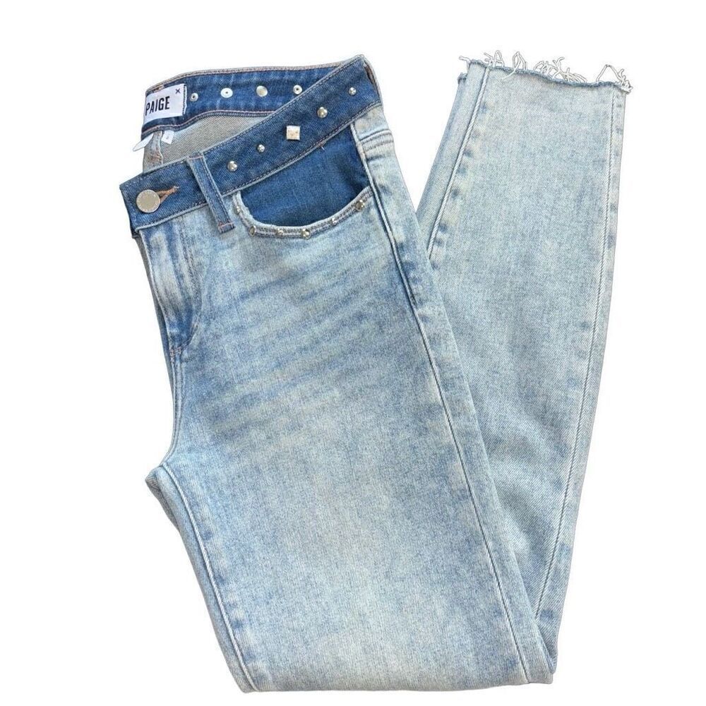Paige verdugo ankle skinny jeans gems two tone denim raw hem size 27